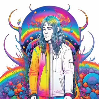 full body, wide shot, drawing of a strange person with long hair and a (((horn))) on his head, dripping neon paint, psychedelic aesthetic, dripping psychedelic colors, dripping color, trippy art, dreamy psychedelic anime , psychedelic and bright, psychedelic art style, bright rainbow face, psychedelic loose hair, neon color bleed, iridescent illustration, in a lisa frank art style, trippy colors, aw0k straight style,drwbk coloring book drawing