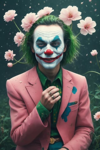 detailed On pale black paper, art by simon stalenhag, Golden ratio, (epic portrait of Joker:1.2) , wearing Illuminating Pearl Amaranth ballerina skirt, Crouching down, Ukrainian Belly Button Ring, Clown Face Paint, lush space, Masterpiece, Smiling, Post-Punk, Muted Colors, Psychedelic and cherry blossom pink dust particles, glimmering transformation,aw0k straightstyle,c0l0 style