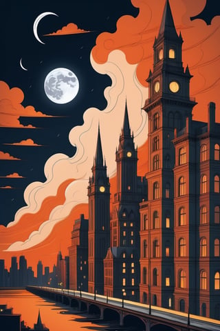 Comic book style, Vector Drawing of An Gotham City under a full moon, with ominous storm clouds gathering, hinting at the impending chaos that will envelop the city., (((1building is on fire))), (((bat signal on the clouds))), professional, minimalist, graphic, line art, vector graphics, ,flat design,