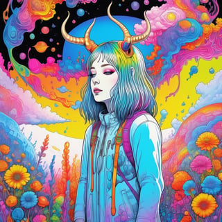full body, wide shot, drawing of a strange person with long hair and a (((horn))) on his head, dripping neon paint, psychedelic aesthetic, dripping psychedelic colors, dripping color, trippy art, dreamy psychedelic anime , psychedelic and bright, psychedelic art style, bright rainbow face, psychedelic loose hair, neon color bleed, iridescent illustration, in a lisa frank art style, trippy colors,