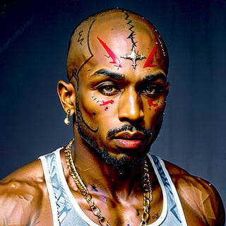 aw0k, (masterpiece:1.2), 1man, ((2pac)), Tupac Shakur, in makeup, halloween style, angry expression, (facial hair:1.2)