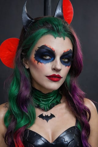 Create a beautiful woman in half batman half joker makeup, waering a halloween costume.ready to party.helloween mood.,photo r3al,detailmaster2,oni style,