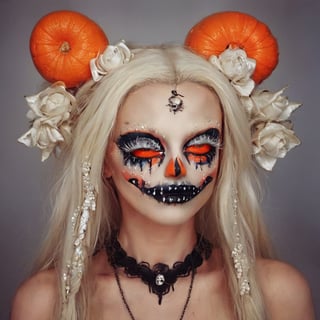 aw0k halloween makeup, (art by Simeon Solomon, art by Gary Baseman:1.2), photograph, angle from below of a Baroque ( a woman in makeup:1.1) with DayGlo orange skin, Engaging hair, Mohawk hairstyle, Cel shading, film grain, Sony A9 II, F/5, detailed eyes and pupils, 
