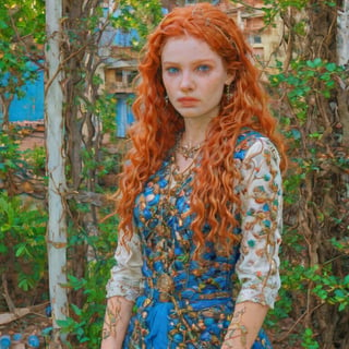 masterpiece, highest resolution, best quality, beautiful, raw image, female russian, white, ((age 25)), with Red hair, long face, Hair Style: curly, long, blue, maid outfit, In Istanbul, With gold earrings, tall ((adult)), ((full body)), 