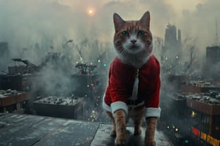 Cat dressed as santa claus rides his sleigh through the air in the far future, sci fi, blade runner, metal raindeer, against a dark blare runner future cityscape, multiple billboards, flying cars, from above, high buildings, fog below, insane details, hyperrealistic, highly detailed, 8k, trending on artstation, shot lit and composed by Tim Walker, shot on a RED digital camera, Sigma 85mm f/1.4, aw0k cat