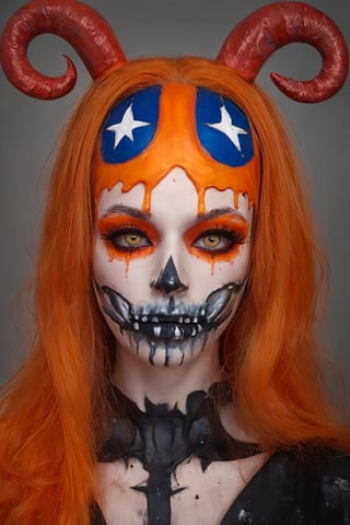 aw0k halloween makeup, (art by Simeon Solomon, art by Gary Baseman:1.2), photograph, angle from below of a captain america themed ( a woman in makeup:1.1) with DayGlo orange skin, Engaging hair, Mohawk hairstyle, Cel shading, film grain, Sony A9 II, F/5, detailed eyes and pupils, 
