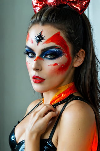 (aw0k halloween makeup:1.1)(masterpiece:1.2),Create a beautiful woman wearing a make up Steve Wonders and Freddy Mercury mashup makeup , waering a halloween costume.ready to party.helloween mood.,photo r3al,detailmaster2,oni style,