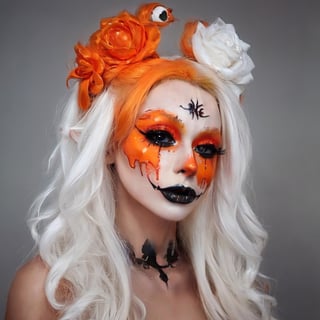 aw0k halloween makeup, (art by Simeon Solomon, art by Gary Baseman:1.2), photograph, angle from below of a Baroque ( a woman in makeup:1.1) with DayGlo orange skin, Engaging hair, Mohawk hairstyle, Cel shading, film grain, Sony A9 II, F/5, detailed eyes and pupils, 
