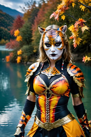 (aw0k halloween makeup:1.1)(masterpiece:1.2), photograph, (beautiful woman:1.1) wearing [Macedonian|Medieval] warrior suit, fighting stance, in tiger makeup, foliage and lake, epic, fantasy, 🤡, Straps, Sunny, horizon-centered, Energetic, film grain, Fujifilm XT3, L USM, Cold Colors, quantum wavetracing,
4k, halloween, detailmaster2, DonMn1ghtm4reXL,