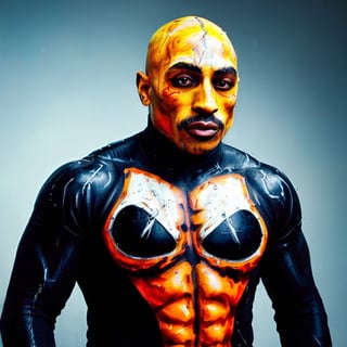 aw0k, (masterpiece:1.2), old picture, full body shot of 1man, ((2pac)), Tupac Shakur, in halloween makeup, halloween style, angry expression, (facial hair:1.2), aw0k dalle,monster