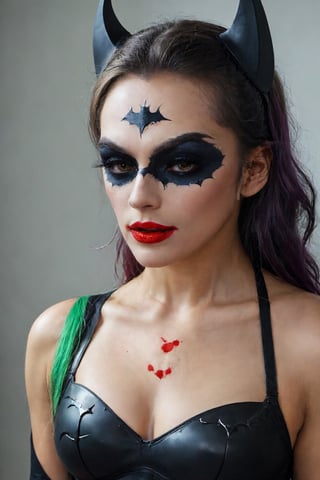 Create a beautiful woman in half batman half joker makeup, waering a halloween costume.ready to party.helloween mood.,photo r3al,detailmaster2,oni style,