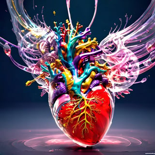 masterpiece, best quality, transparent 3D model of the human heart, seethrough, scientifically accurate in its anatomical representation, the chambers, valves, and blood vessels in exquisite detail, needles sticked iNto, (reflective:1.25)