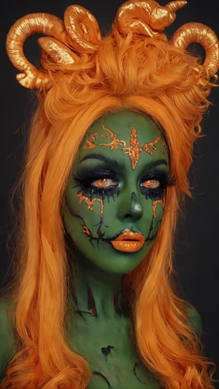 aw0k halloween makeup, (art by Simeon Solomon, art by Gary Baseman:1.2), photograph, angle from below of a Baroque ( a woman in makeup:1.1) with DayGlo orange skin, Engaging hair, Mohawk hairstyle, Cel shading, film grain, Sony A9 II, F/5, detailed eyes and pupils, 
