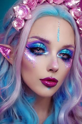 lucinda lafleur | holographic photography shoots, subject is in makeup, in the style of tanya shatseva, daz3d, street pop, luminous palette, close up, realistic impressionism, shiny/glossy 