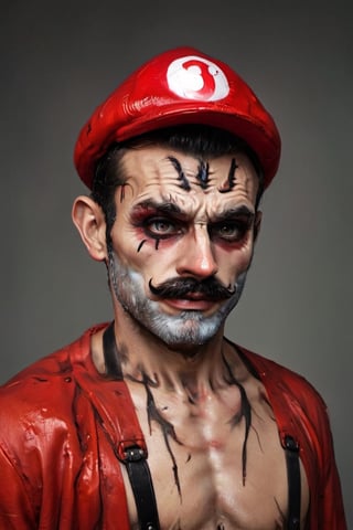 RAW photo, (portrait of an old Super Mario man in makeup:1.1), highly detailed textures, tired, run down, deep skin pores, red Super Mario hat, perfect lighting, photorealism, photo realistic, hard focus, smooth, depth of field, 8K UHD, photo taken by a Sony Alpha 1 , 85mm lens, f/1. 4 aperture, 1/500 shutter speed, ISO 100 film, neutral colors, muted colors 
