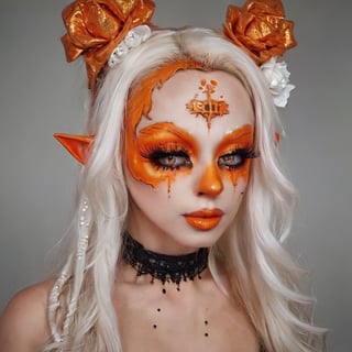 aw0k halloween makeup, (art by Simeon Solomon, art by Gary Baseman:1.2), photograph, angle from below of a Baroque ( a woman in makeup:1.1) with DayGlo orange skin, Engaging hair, Mohawk hairstyle, Cel shading, film grain, Sony A9 II, F/5, detailed eyes and pupils, 
