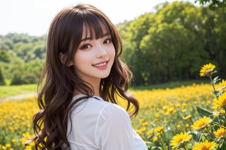 beautiful woman walking in blooming fields of flowers, beautiful spring summer scenic landscape, whole body, chestnut brown hair wavy hair with bangs, luscious long hair, hazel eyes, reflective eyes, lovely smile, realistic skin, highly detailed skin texture, natural skin, cheerful backgroud, best quality, beautiful lighting, dramatic lighting, extremely detailed, bokeh