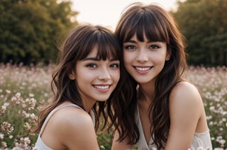 beautiful woman posing in blooming fields of flowers, beautiful spring summer scenic landscape, whole body, chestnut brown hair wavy hair with bangs, luscious long hair, hazel eyes, reflective eyes, lovely smile, realistic skin, highly detailed skin texture, natural skin, cheerful backgroud, best quality, beautiful lighting, dramatic lighting, extremely detailed, bokeh