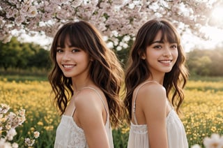 beautiful woman walking in blooming fields of flowers, beautiful spring summer scenic landscape, whole body, chestnut brown hair wavy hair with bangs, luscious long hair, hazel eyes, reflective eyes, lovely smile, realistic skin, highly detailed skin texture, natural skin, cheerful backgroud, best quality, beautiful lighting, dramatic lighting, extremely detailed, bokeh