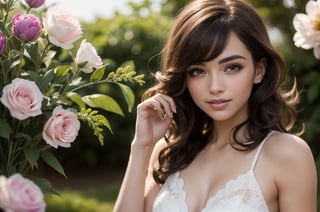 stunning realistic photo of beautiful 21 year old woman alive, whole body, realistic perfect detailed face, chestnut brown hair wavy hair with bangs, luscious long hair, hazel eyes, reflective eyes, lovely smile, realistic skin, highly detailed skin texture, natural skin, cheerful backgroud, blooming fields of flowers background, best quality, beautiful lighting, dramatic lighting, extremely detailed, bokeh