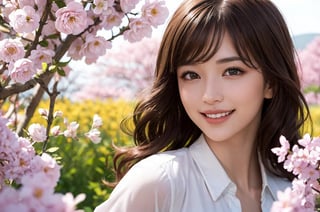 beautiful woman walking in blooming fields of flowers, beautiful spring summer scenic landscape, whole body, realistic perfect detailed face, chestnut brown hair wavy hair with bangs, luscious long hair, hazel eyes, reflective eyes, lovely smile, realistic skin, highly detailed skin texture, natural skin, cheerful backgroud, best quality, beautiful lighting, dramatic lighting, extremely detailed, bokeh