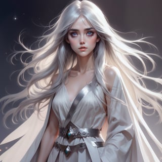 drow, female, pointy ears, solo, elf, navel, colored skin, midriff, looking at viewer, long hair, cloak, dark elf, breasts, white hair, medium breasts, belt, pouch, grey skin, black eyes, full body, exposed_pussy, glowing eyes, lips, ((masterpiece, best quality)), art by greg rutkowski, trending on artstation  ,no_humans, breasts_out, tits
