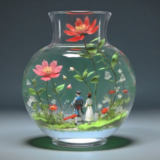 nature elements like flowers, leaves, animals, inside a glass, human body, subsurface scattering, transparent, glow, bloom, green and red liquid, volumetric light, 3d style,cyborg style,Movie Still,Leonardo Style, white