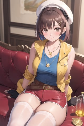 ryza,1girl, solo, jewelry, necklace, hat, thighhighs, smile, gloves, shorts, hairclip, sitting, thighs, blush, indoors, flask, breasts, boots, belt,yellow  jacket, couch, blurry, bangs, beret, hair ornament, red shorts, toeless footwear, looking at viewer, white headwear, short shorts, star necklace, star (symbol), short hair, brown gloves, single glove, round-bottom flask, closed mouth, sleeveless jacket, white thighhighs, toeless legwear
,solo,masterpiece,perfect anatomy , best quality,ultra-detailed,dynamic angle and lighting,cowboy shot,(realistic:1.4)