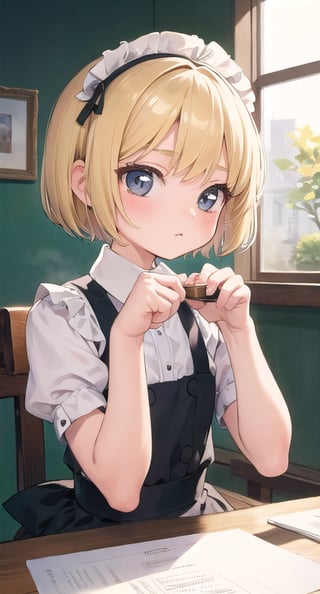 masterpiece,best quality,nostalgic,illustration,blonde hair,short hair,loli,maid,(make tea:0.7),working,upper body,