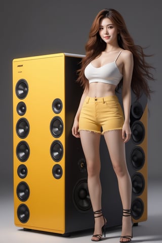 xxmix_girl, 1girl,smile,best quality,8k,fluffy long hair,messy hair, standing next to the klipsch speaker,sexy yellow  buttocks,
,3d style,2 legs,3d toon style