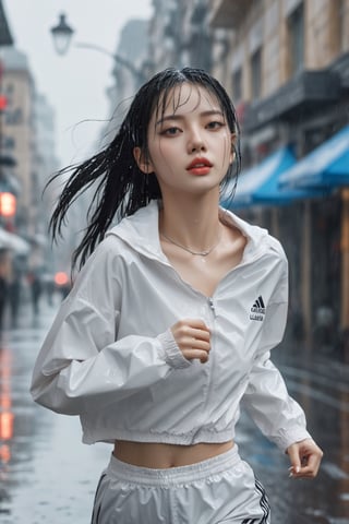 Young woman with beautiful body, real skin detail,running in the rain,Highly detailed faces, highly detailed bodies, highly detailed clothing, Perfect finger, not a single blemish,lalalalisa_m,3d style