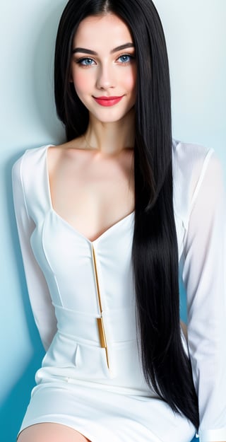 woman, beautiful face perfect face, blue pretty eyes, black hair, super straight long middle parted hairstyle, pale white skin, sexy marks, perfect, fully white abstract background, shiny golden accessories, best quality, clear texture, details, canon eos 80d photo, light makeup, blue theme, (blue-background: 1.1), exposed formal woman business suit, smile and happy, clear fotage