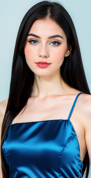 woman, beautiful face perfect face, blue pretty eyes, black hair, super straight long middle parted hairstyle, pale white skin, sexy marks, perfect, fully white abstract background, shiny golden accessories, best quality, clear texture, details, canon eos 80d photo, light makeup, blue theme, (blue-background: 1.1), exposed formal woman business suit, clear fotage, cross arms