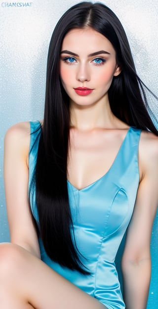 russian woman, beautiful face perfect face, blue pretty eyes, black hair, super straight long middle parted hairstyle, pale white skin, sexy marks, perfect, fully white abstract background, shiny golden accessories, best quality, clear texture, details, canon eos 80d photo, light makeup, blue theme, (blue-background: 1.1), exposed formal woman business suit, clear footage, arms_crossed pose