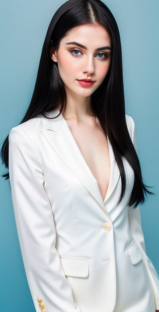 woman, beautiful face perfect face, blue pretty eyes, black hair, super straight long middle parted hairstyle, pale white skin, sexy marks, perfect, fully white abstract background, shiny golden accessories, best quality, clear texture, details, canon eos 80d photo, light makeup, blue theme, (blue-background: 1.1), exposed formal woman business suit, clear fotage