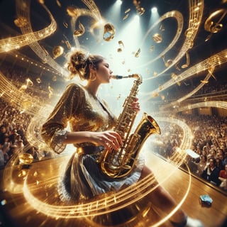 Realistic 8K resolution photography of multiple exposure photography featuring golden music note with extreme motion blur and twisted speed lines,  A joyful girl wearing fashionable outfit, playing saxphone on the stage of the concert hall. illuminated by film grain, Film photo style, realistic skin, dramatic lighting, soft lighting, exaggerated perspective of fisheye lens depth,
break, 
1 girl, Exquisitely perfect symmetric very gorgeous face, perfect breasts, Exquisite delicate crystal clear skin, Detailed beautiful delicate eyes, perfect slim body shape, slender and beautiful fingers, nice hands, perfect hands, perfect pussy, illuminated by film grain, Film photo style, realistic skin, fish-eye lens, lens flare,More Detail, exaggerated perspective of fisheye lens depth,