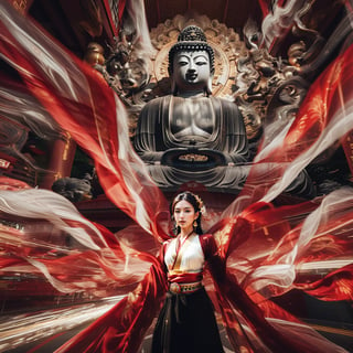 Realistic 8K resolution photography of multiple exposure photography featuring red and white silks with extreme motion blur and twisted speed lines,  A girl wearing fashionable outfit in front of intricately detailed black and gold Ksitigarbha Bodhisattva statue, in Tokyo.
break,
1 girl, Exquisitely perfect symmetric very gorgeous face, Exquisite delicate crystal clear skin, Detailed beautiful delicate eyes, perfect slim body shape, slender and beautiful fingers, nice hands, perfect hands, illuminated by film grain, realistic skin, dramatic lighting, soft lighting, realistic texture, exaggerated perspective of ((Wide-angle lens depth)).,hinaigirl,Enhanced All