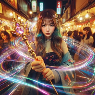 Realistic 16K resolution photography of a stunning girl in trendy attire angrily waves her sceptre, surrounded by vivid flow effects. Enhance the refraction overlay for vibrancy and extend it across the scene. Sharpen the light lens prism effect for clearer color splits and bright highlights. Deepen the holographic reflections for a relistic look. Brighten the diffused colors, n Osaka at night market,
break,
1 girl, Exquisitely perfect symmetric very gorgeous face, Exquisite delicate crystal clear skin, Detailed beautiful delicate eyes, perfect slim body shape, slender and beautiful fingers, nice hands, perfect hands, illuminated by film grain, realistic skin, dramatic lighting, soft lighting, realistic texture, exaggerated perspective of ((Wide-angle lens depth)).,hinaigirl,Wonder of Beauty,Enhanced All