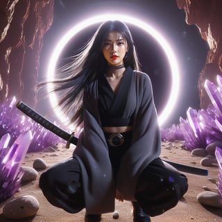 Realistic 16K resolution photography of a girl with Hair flowing in the wind, straight black hair and a black and gray loose suit. she squatting on the ground with a katana in her hand. huge circular halo behind, on an unknown alien planet, surrounded by mineral rocks covered with purple crystals,
break,
1 girl, Exquisitely perfect symmetric very gorgeous face, Exquisite delicate crystal clear skin, Detailed beautiful delicate eyes, perfect slim body shape, slender and beautiful fingers, nice hands, perfect hands, illuminated by film grain, realistic skin, dramatic lighting, soft lighting, realistic texture, exaggerated perspective of ((Wide-angle lens depth)).,hinaigirl,Wonder of Beauty,Enhanced All