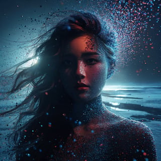 Realistic 16K resolution blue-red tone photography of 1 girl with beauty face created by colorful dotted particles with a mesmerizing digital or pixelated effect, standing in dark on frozen lake, with shattered ice debris vortexing and floating into shade around her,
break,
1 girl, Exquisitely perfect symmetric very gorgeous face, Exquisite delicate crystal clear skin, Detailed beautiful delicate eyes, perfect slim body shape, slender and beautiful fingers, nice hands, perfect hands, illuminated by film grain, Stippling style, dramatic lighting, soft lighting, motion blur, exaggerated perspective of ((Wide-angle lens depth)),