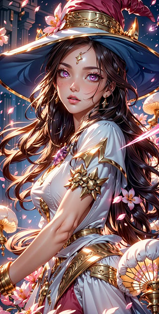 masterpiece, best quality, illustration, full body facing viewer, a young  beautiful witch casting a spell with an amethyst crystal with planets around her, ornate white and gold wizard clothes, wizard hat with pink jewels, elegant, high and detailed environment, magic particles, luminous mushrooms,  (dynamic lighting:1.2), cinematic lighting, delicate facial features, detailed eyes, pink eyes, long brunette hair, realistic pupils, depth of field, bokeh, sharp focus, (hyper-detailed, bloom, glow:1.4), brown hair, full lips, bright pink eyes, mystical atmosphere, kind face
