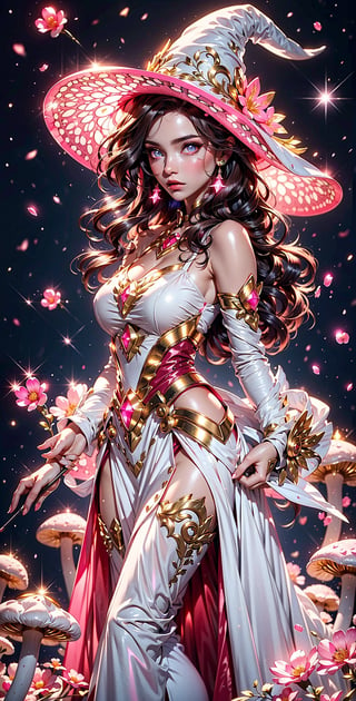 masterpiece, best quality, illustration, full body facing viewer, a beautiful witch casting a spell with planets around her, ornate white pink and gold wizard clothes, white and pink wizard hat with pink jewels, elegant, detailed celestial environment, luminous mushrooms,  (dynamic lighting:1.2), cinematic lighting, delicate elegant facial features, detailed eyes, pink eyes, long brunette hair, realistic pupils, depth of field, sharp focus, (hyper-detailed, bloom, glow:1.4), brown hair, full lips, bright pink eyes, mystical atmosphere, kind face, sexy