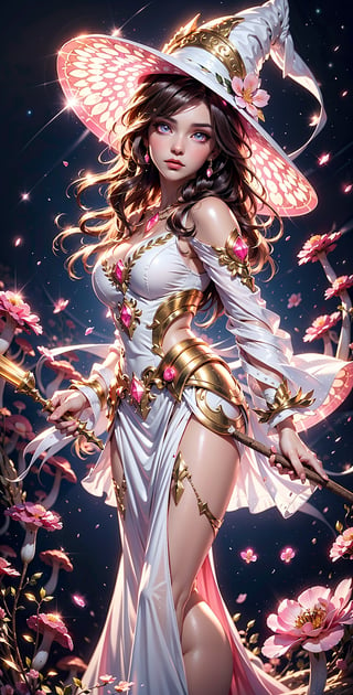 masterpiece, best quality, illustration, full body facing viewer, a beautiful witch casting a spell with planets around her, ornate white pink and gold wizard clothes, white and pink wizard hat with pink jewels, elegant, detailed celestial environment, luminous mushrooms,  (dynamic lighting:1.2), cinematic lighting, delicate elegant facial features, detailed eyes, pink eyes, long brunette hair, realistic pupils, depth of field, sharp focus, (hyper-detailed, bloom, glow:1.4), brown hair, full lips, bright pink eyes, mystical atmosphere, kind face,Dark Fantasy,no_humans