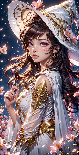 masterpiece, best quality, illustration, full body facing viewer, a young  beautiful witch casting a spell with an amethyst crystal with planets around her, ornate white and gold wizard clothes, white wizard hat with pink jewels, elegant, high and detailed environment, luminous mushrooms,  (dynamic lighting:1.2), cinematic lighting, delicate elegant facial features, detailed eyes, pink eyes, long brunette hair, realistic pupils, depth of field, sharp focus, (hyper-detailed, bloom, glow:1.4), brown hair, full lips, bright pink eyes, mystical atmosphere, kind face