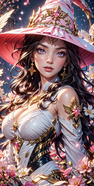 masterpiece, best quality, illustration, full body facing viewer, a beautiful witch casting a spell with planets around her, ornate white pink and gold wizard clothes, white and pink wizard hat with pink jewels, elegant, detailed celestial environment, luminous mushrooms,  (dynamic lighting:1.2), cinematic lighting, delicate elegant facial features, detailed eyes, pink eyes, long brunette hair, realistic pupils, depth of field, sharp focus, (hyper-detailed, bloom, glow:1.4), brown hair, full lips, bright pink eyes, mystical atmosphere, kind face