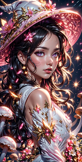 masterpiece, best quality, illustration, body facing viewer, a beautiful witch casting a spell with purple planets around her, ornate white pink gold dress, white and pink wizard hat with pink jewels, elegant, Unicorn companion, celestial environment, luminous mushrooms,  (dynamic lighting:1.2), cinematic lighting, delicate elegant facial features, detailed eyes, pink eyes, long brunette hair, realistic pupils, sharp pupils, depth of field, sharp focus, (hyper-detailed, bloom, glow:1.4), brown hair, full lips, bright pink eyes, mystical atmosphere, kind face,Dark Fantasy