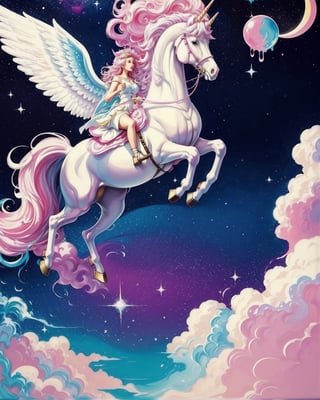 dripping paint,abstract,gouche,white, pink, totally white and pink,pastel colors,(bubble drip) an auroral cosmic hyperspace winged unicorn jumping over a crescent moon, vibrant circular shapes on background,melt,vaporwave style,