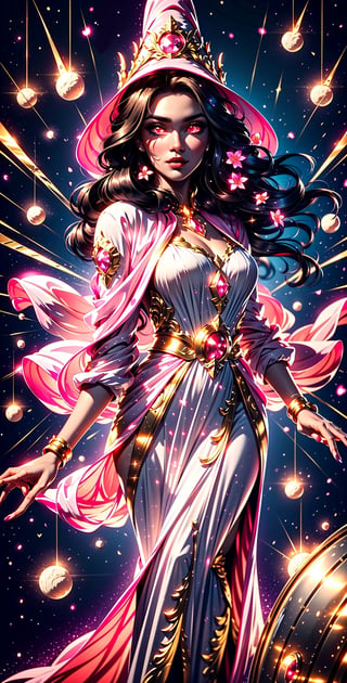 masterpiece, best quality, illustration, full body facing viewer, a beautiful witch casting a spell with planets around her, ornate white pink and gold wizard clothes, white and pink wizard hat with pink jewels, elegant, detailed celestial environment, luminous mushrooms,  (dynamic lighting:1.2), cinematic lighting, delicate elegant facial features, detailed eyes, pink eyes, long brunette hair, realistic pupils, depth of field, sharp focus, (hyper-detailed, bloom, glow:1.4), brown hair, full lips, bright pink eyes, mystical atmosphere, kind face,Dark Fantasy