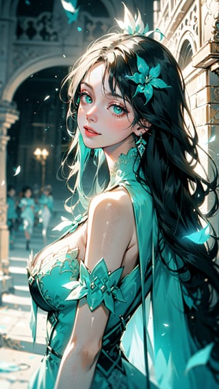 Xxmix_girl, face in frame, a woman wearing a long elegant dress that covers the floor, she has long braided hair and green eyes, (large breast), (smile:1), looking back at viewer, back, walking down an asymmetrical carpet, white and teal tones, futuristic palace hallway, (fantasy clothing), throne, light is beaming down to her, (cinematic lighting), pink flowers raining, glitter, ray tracing, heavy contrast (detailed face), (ultra detailed:1.4), 1,1 girl, fantasy_world