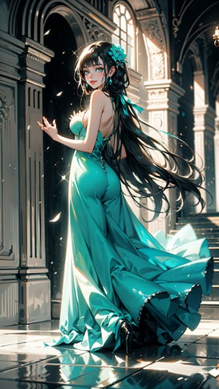 Xxmix_girl, face in frame, a woman wearing a long elegant dress that covers the floor, she has long braided hair and green eyes, (large breast), (smile:1), looking back at viewer, back, walking down an asymmetrical carpet, white and teal tones, futuristic palace hallway, (fantasy clothing), throne, light is beaming down to her, (cinematic lighting), pink flowers raining, glitter, ray tracing, heavy contrast (detailed face), (ultra detailed:1.4), 1,1 girl, fantasy_world